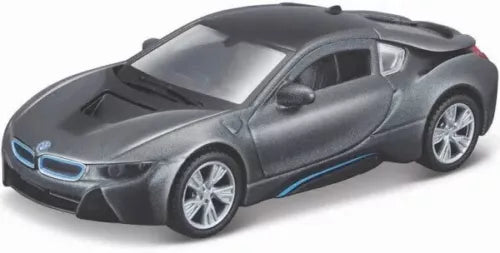 Gray BMW i8 1:36 scale diecast model car toy, front 3/4 view