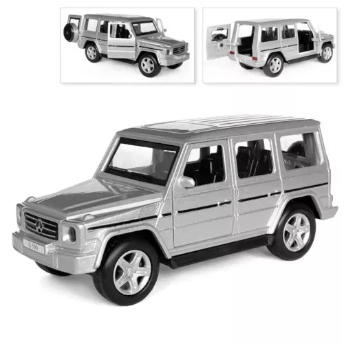 Silver diecast G-Wagen model car, front 3/4 view, four doors