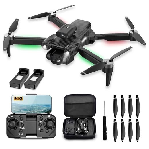 Quadcopter drone with dual cameras, four propellers, controller, carrying case and spare props