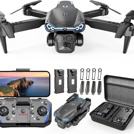 Mini quadcopter drone with front camera, blue accents, and remote controller accessories