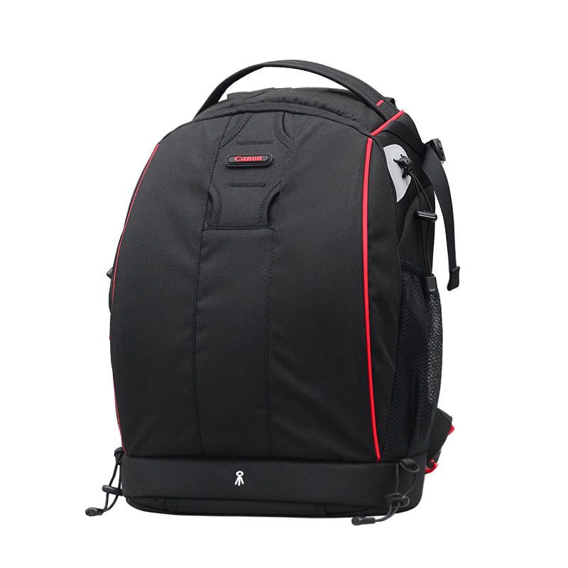 Black waterproof camera backpack with red trim, front compartment, shoulder straps
