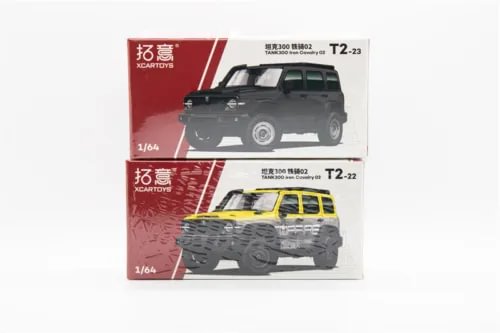 1:64 diecast SUV model in box, black and yellow (Great Wall Tank 300)