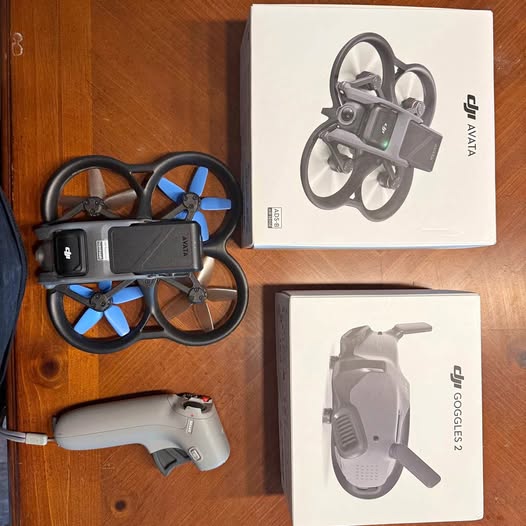 DJI Avata drone with goggles 2 and controller, contents shown in boxes
