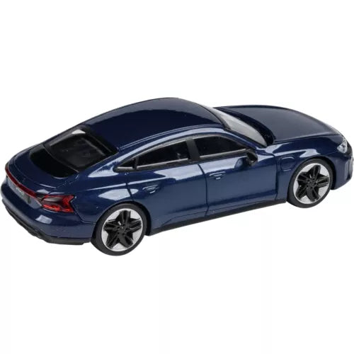 Diecast model car, side view, blue metallic with black wheels