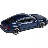Diecast model car, side view, blue metallic with black wheels