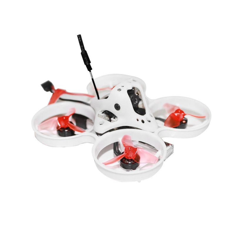 Micro FPV racing drone with white frame, red props, and central camera mount