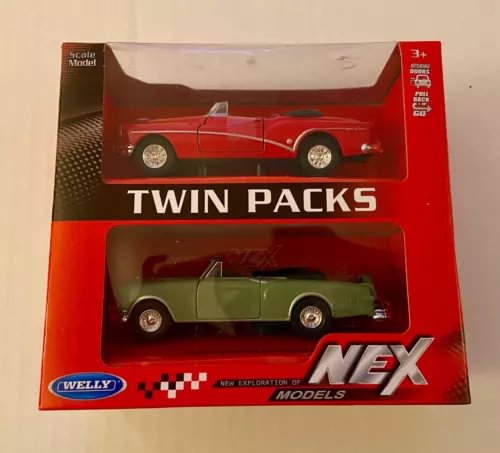 Diecast car twin pack display box with red and green cars
