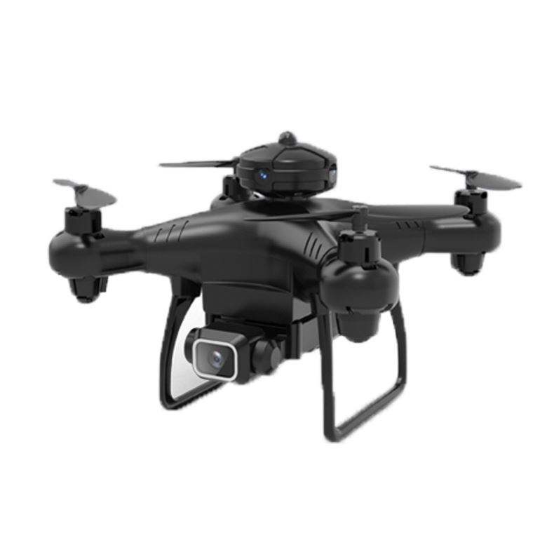 Black quadcopter drone with front camera and foldable arms, 4 propellers and gimbal