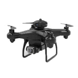 Black quadcopter drone with front camera and foldable arms, 4 propellers and gimbal