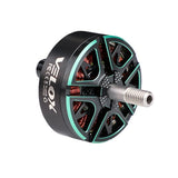 Brushless DC motor with black housing, turquoise ring, and metal shaft, copper windings
