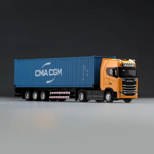 Die-cast container truck model with blue CMA CGM container and orange cab, side view.