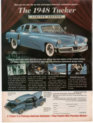 Franklin Mint 1948 Tucker diecast car model print ad with blue car illustration