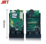 Laser distance sensor module PCB with two green boards and black mounting base