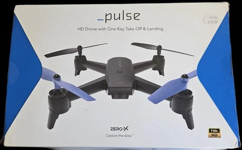 Black and gray quadcopter drone with front camera, four propellers, landing gear.