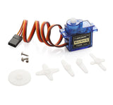 Mini SG90 micro servo motor with wire lead, mounting screws, and plastic control horns