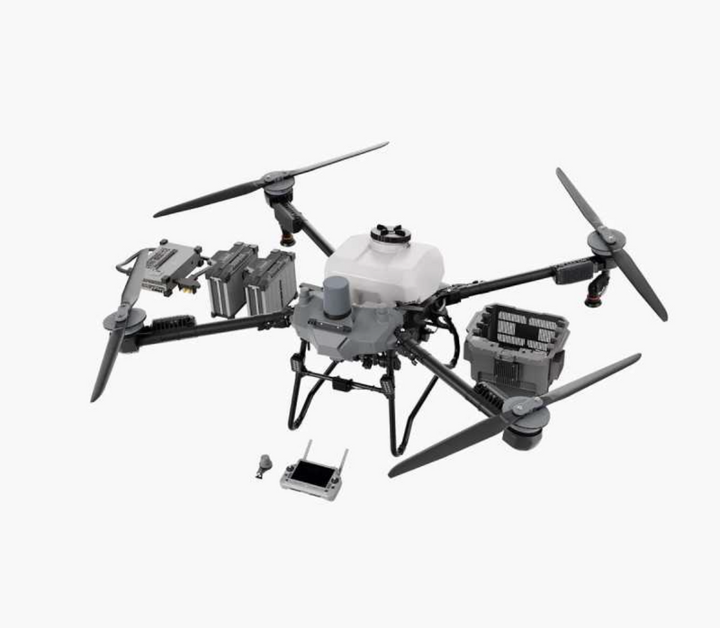 Agricultural drone sprayer with multiple propellers, spray tank, and remote controller