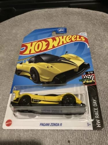 Hot Wheels Pagani Zonda R diecast car in blister pack, yellow, 1:64 scale