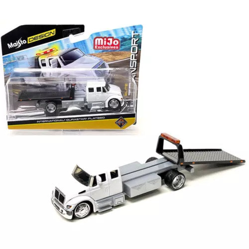 1:64 diecast flatbed truck, white cab with gray trailer and orange side lights
