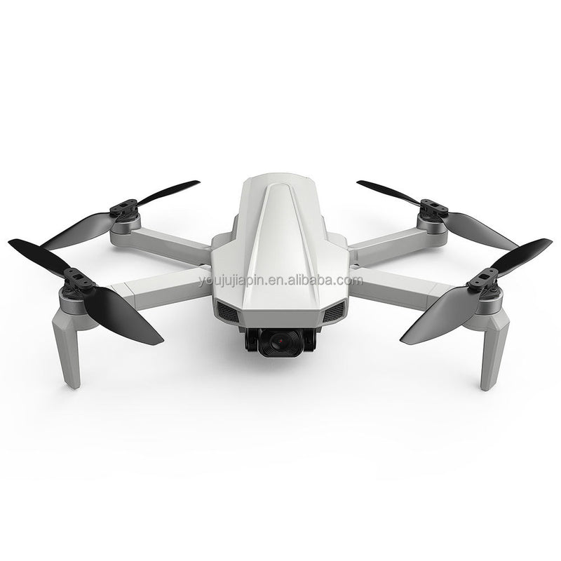Foldable quadcopter drone with 4K camera, gray body and four black propellers
