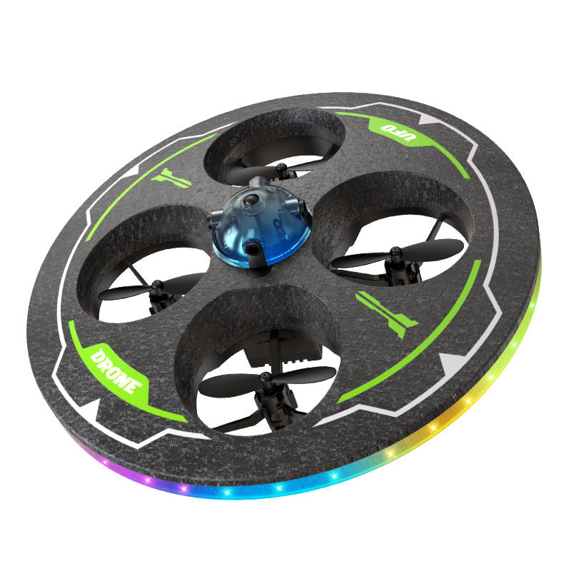 Mini RC foam drone, circular frame with blue center and three propellers, LED ring