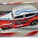 Diecast 40 Ford car model, red with white top, blue stripe and star decals