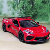 Red firefighter diecast sports car, 1:36 scale, black wheels and decals.