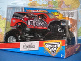 Monster Jam diecast monster truck in blister packaging, red and black Outlaw design