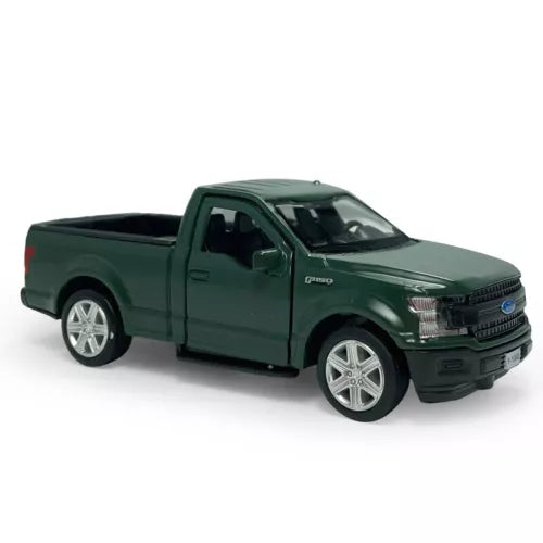 Matte green diecast Ford F-150 pickup truck model, front three-quarter view