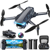 Gray quadcopter drone with camera, four propellers, and remote controller with screen