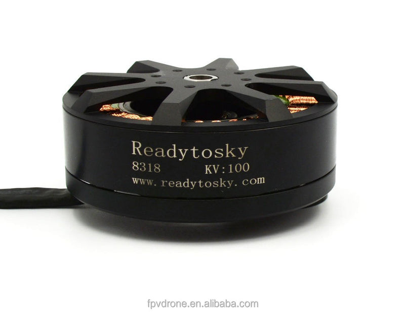 Brushless drone motor, black, with cooling fins and Ready to sky 8318 KV100 label