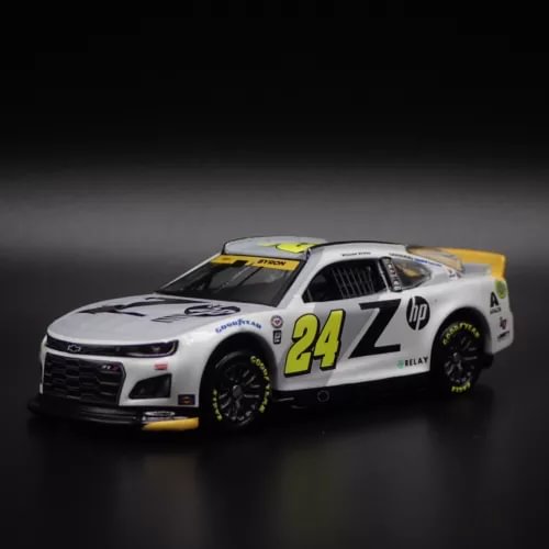 White NASCAR diecast model car with #24 and yellow accents