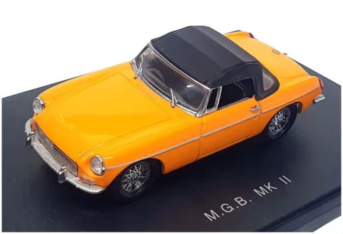 Orange diecast MGB Mk II coupe model with chrome grille and black interior