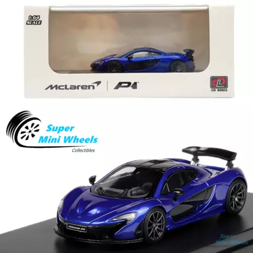 1:64 diecast toy car, blue McLaren P1 with black accents, front 3/4 view
