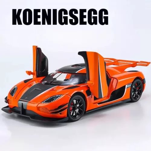 Orange and black alloy diecast toy car with open hood doors, pull-back model