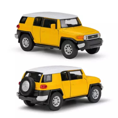 1:36 Toyota FJ Cruiser diecast model car, yellow with black wheels and roof