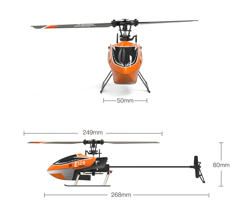 Orange and black RC helicopter drone with single main rotor and fixed landing skids