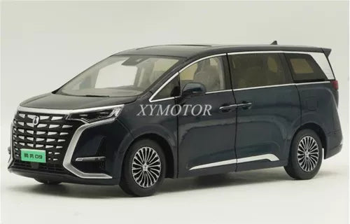 Blue electric MPV diecast model car with front grille and headlights, side view