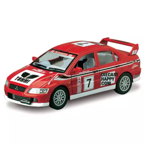 Red 1:36 diecast model car with #7 racing decals and white stripes, Kinsmar Toy