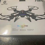 Quadcopter drone with four propellers, black body, front LED light