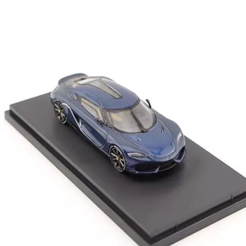 Blue sports model diecast car with gold wheels on dark display base