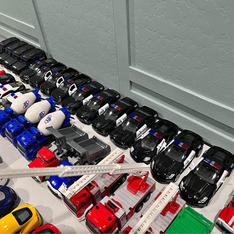 Diecast cars assortment with black, blue, white, red, and green models in rows