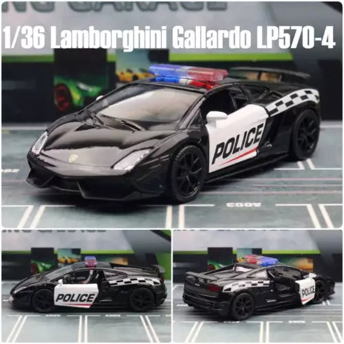 Black and white police diecast model car with checkered hood, 1/36 scale Lamborghini Gallardo