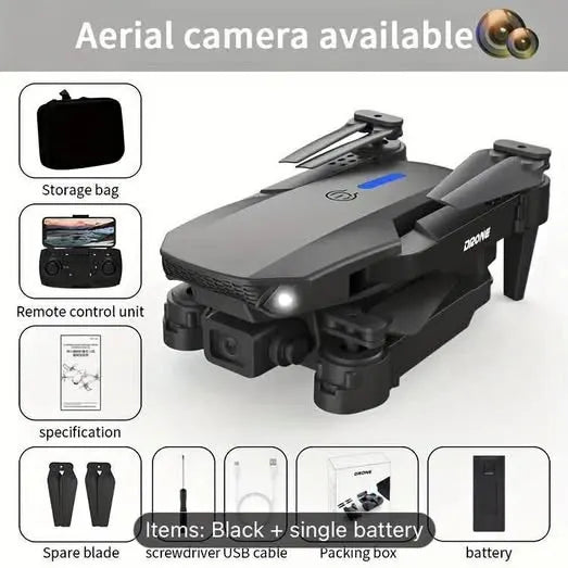 Gray and black camera drone with front light and foldable propellers, single battery