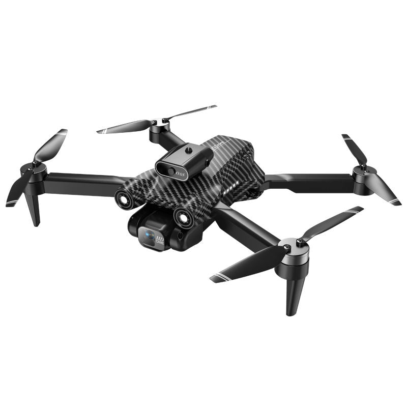 Black mini quadcopter toy drone with four rotors and front dual camera module