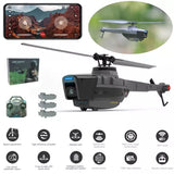 RC aerial drone helicopter with dark body and front camera module, black rotors