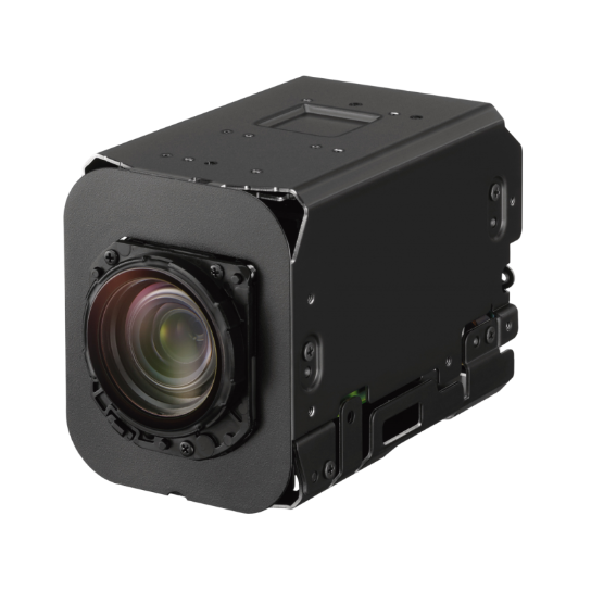 Black block camera module with front lens and side connectors