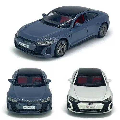 Dark blue diecast model car with Audi RS grille, front and side views