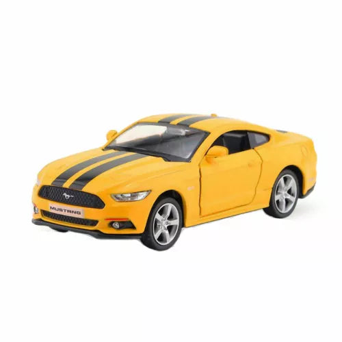 Yellow Ford Mustang diecast model car with black racing stripes