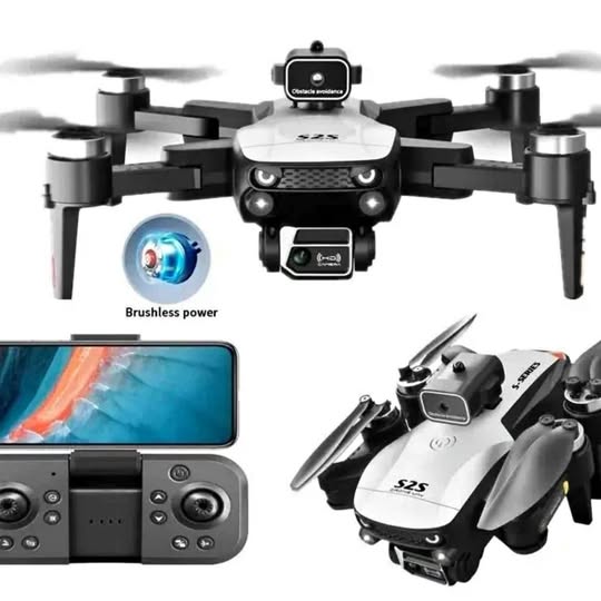 Compact quadcopter drone with front camera and four propellers; handheld controller