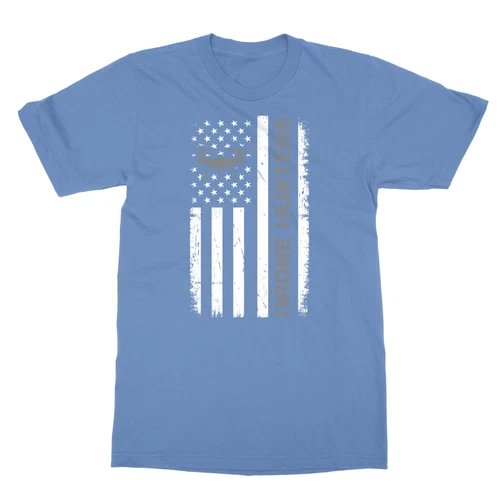 Blue unisex T-shirt with USA flag style drone graphic on front